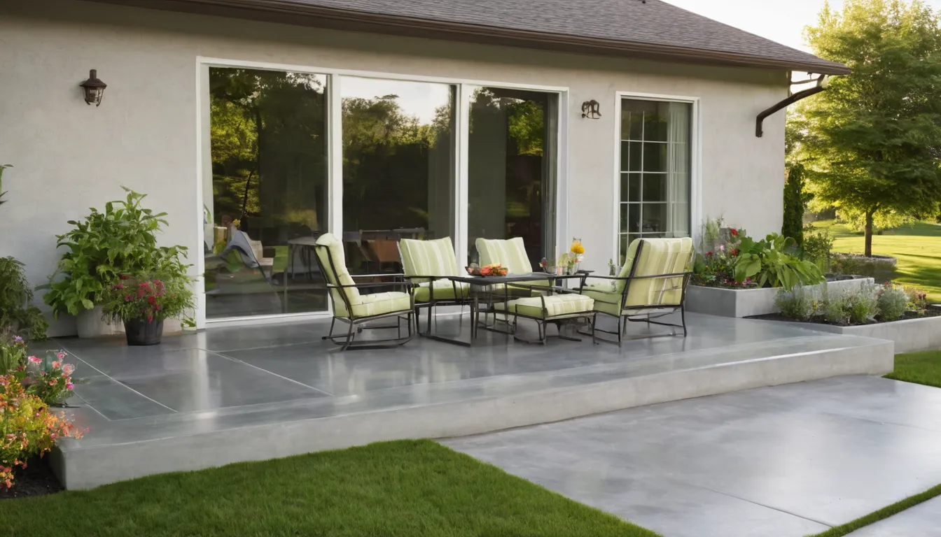 Finished concrete patio beside a family home in Parma with outdoor table and chairs
