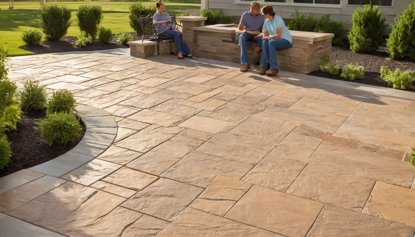 Stamped concrete patio with a slate pattern behind a home in the Parma area